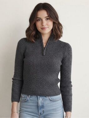 Aerie Sz S Ribbed Heather Grey Knit 1/4 Zip Long Sleeves Sweater